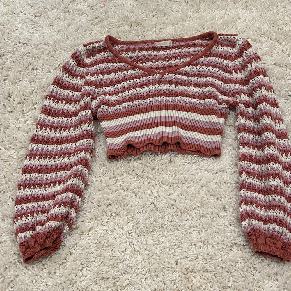 Altar'd State Red and Cream Striped Briella Crop Top Sweater